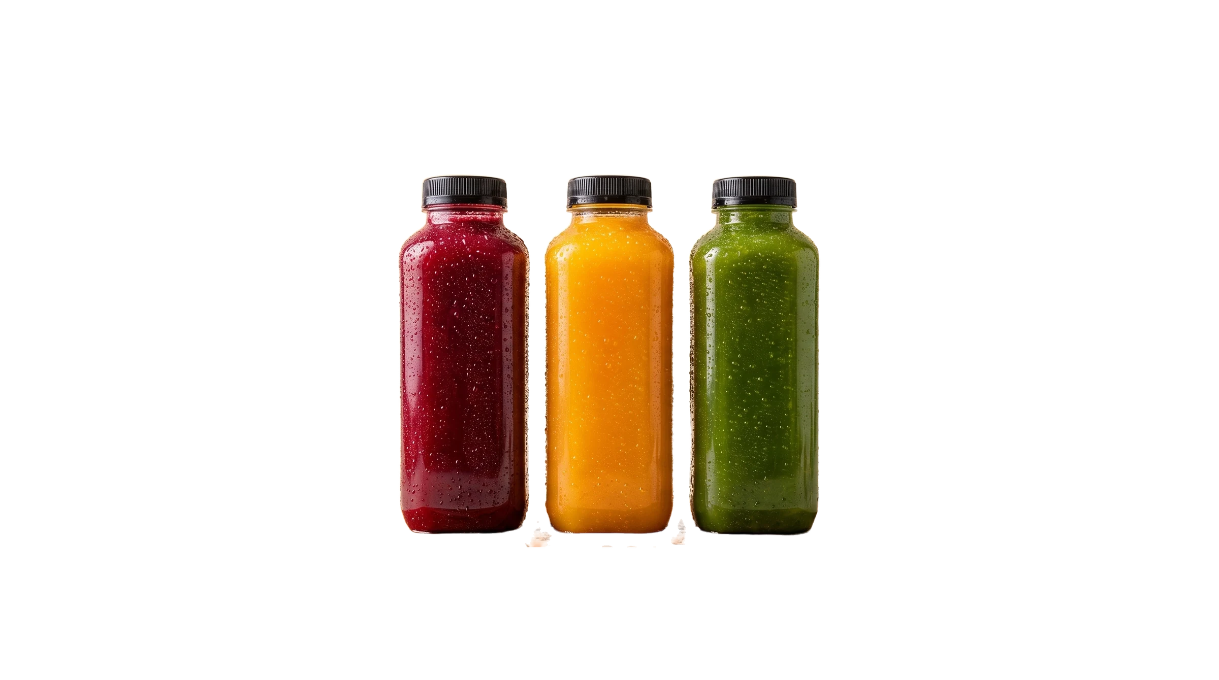Three bottles of cold-pressed juice, beet red, citrus orange and leafy green, surrounded by the fruit and vegetables they're pressed from.